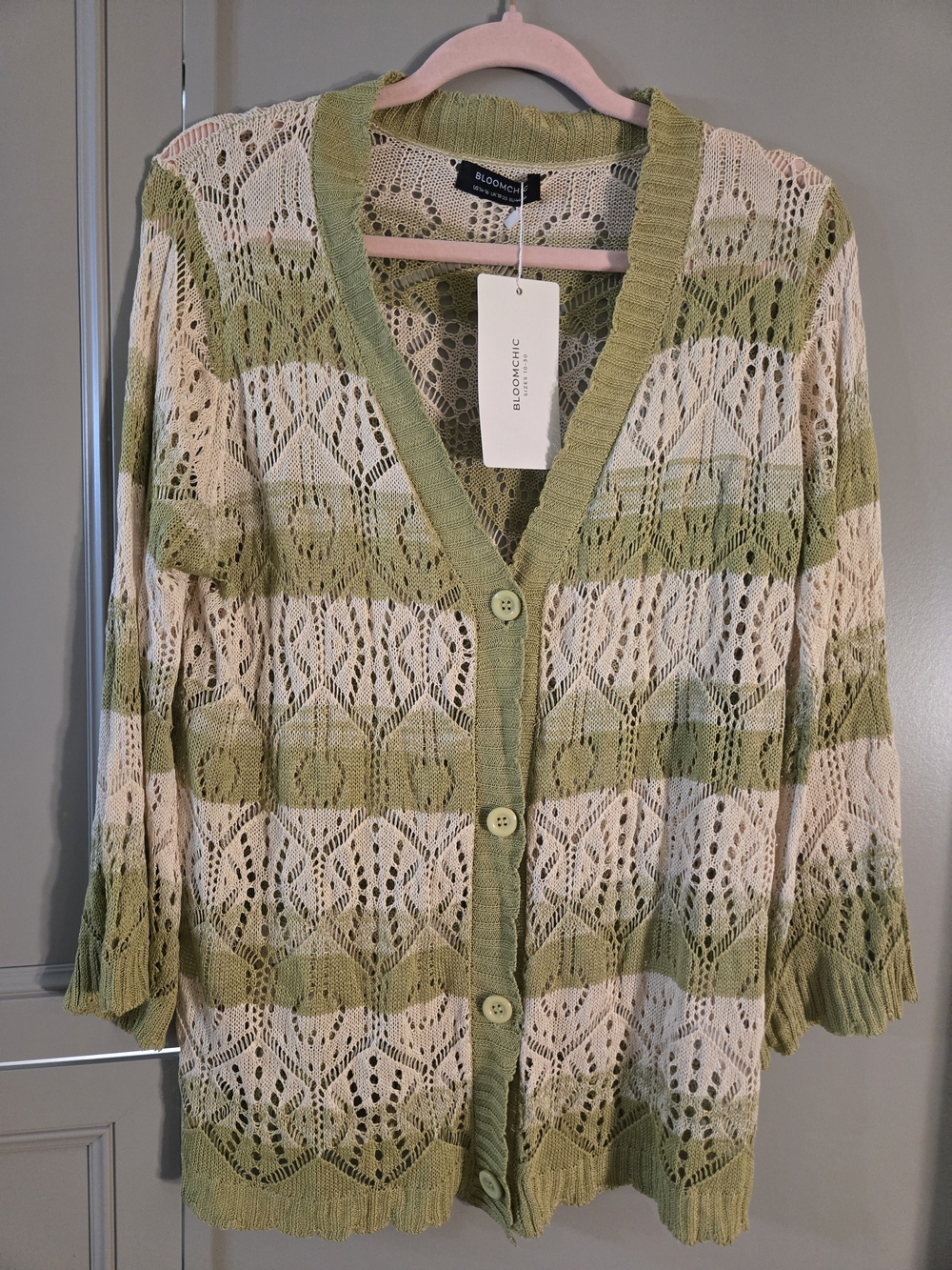 Bloomchic Openwork Stripe Button-Front Cardigan - Green & Cream